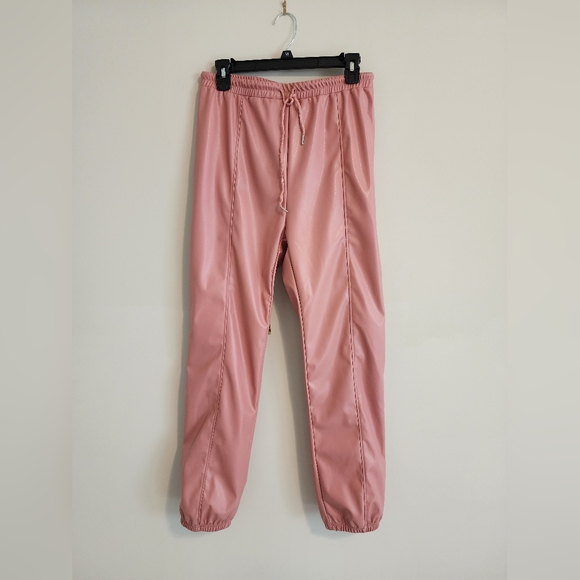 SHEIN Dusty Pink Knot Waist PU Leather Pants & Black Mock Neck Geo Mesh Top Set - Picture 5 of 8